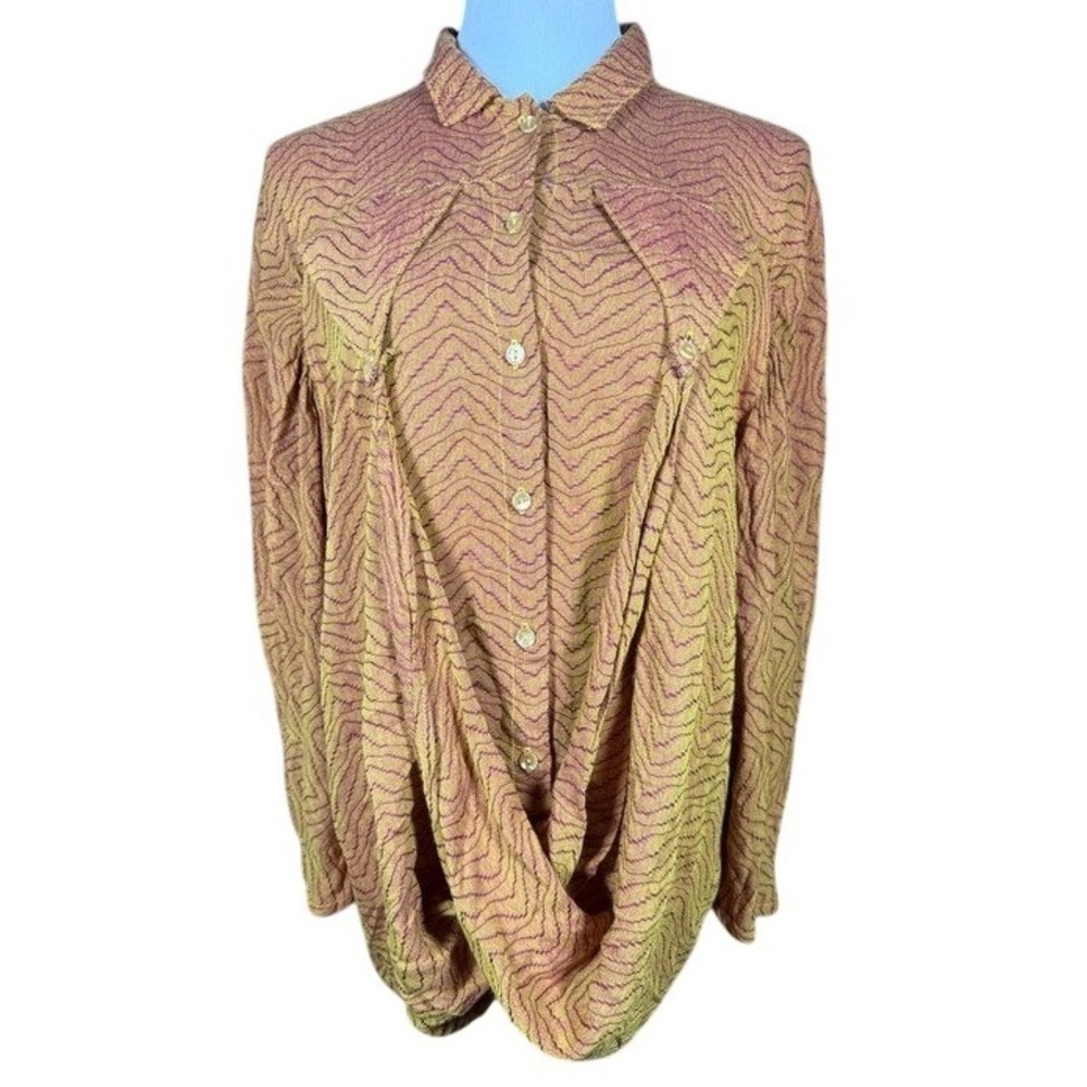 Vivanni Vintage Draped Front Button Down Blouse Orange Magenta Wavy Textured L